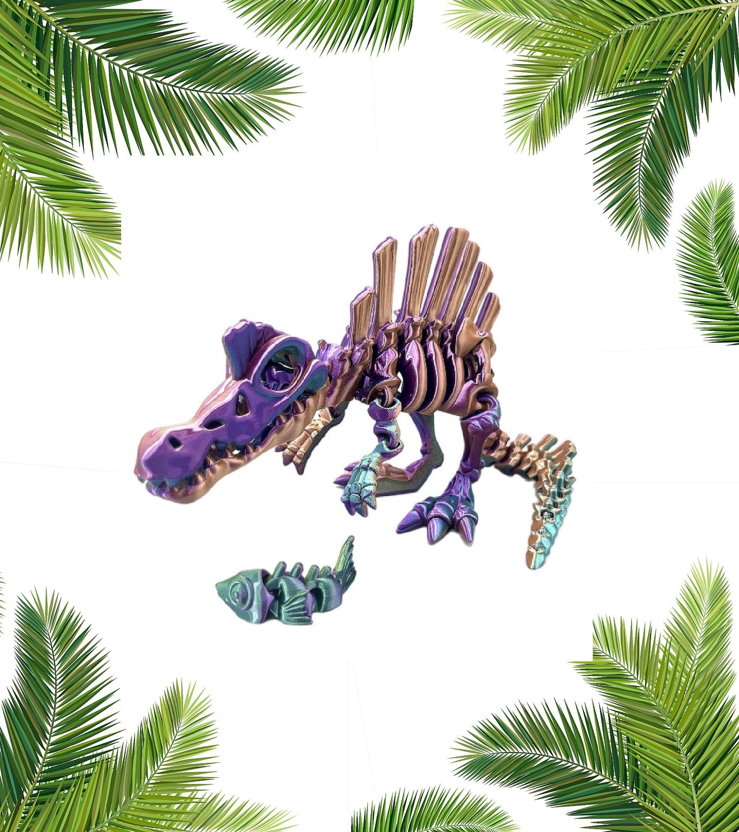 3D Printed Skeleton Spinosaurus with Fish and tropical leaves in background
