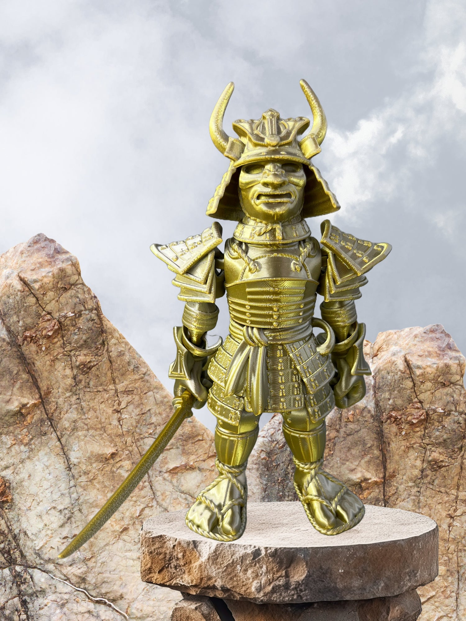 3D Printed Samurai Warrior with Full Body Armour and Katana Standing Majestically In A Desert Mountain Setting