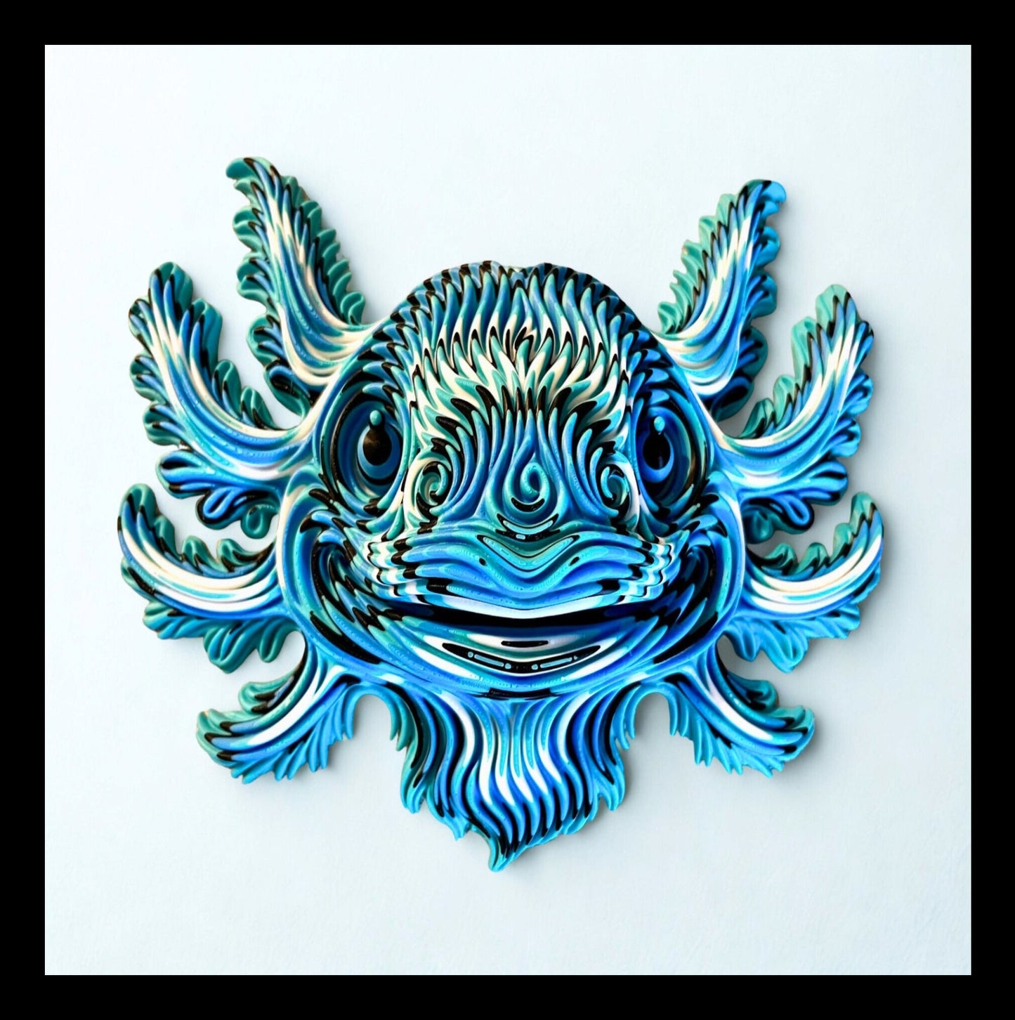 Decorative 3D printed axolotl head with lots of texture and colour - designed to hang on a wall!