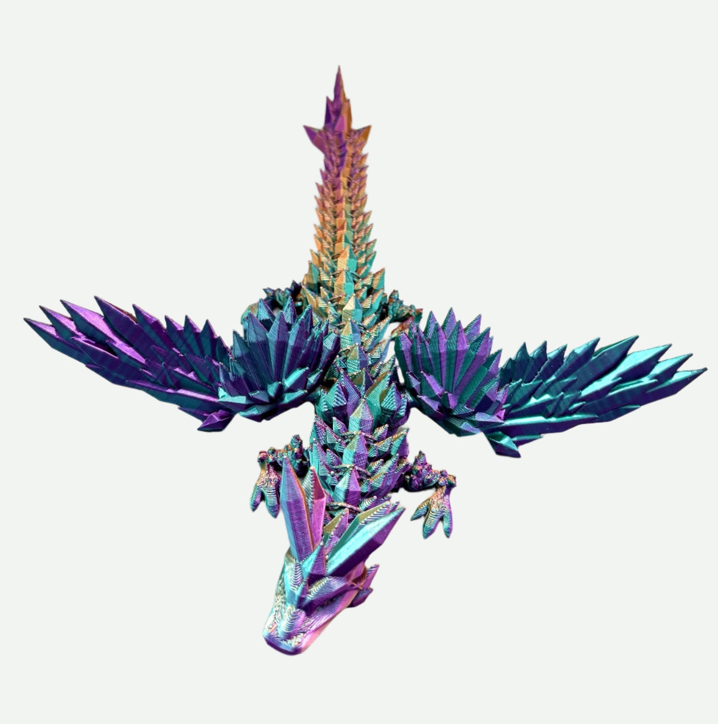 Impressive multicoloured 3D printed winged dragon, wings outstretched and covered in beautiful spikey crystals all over, from head to tail