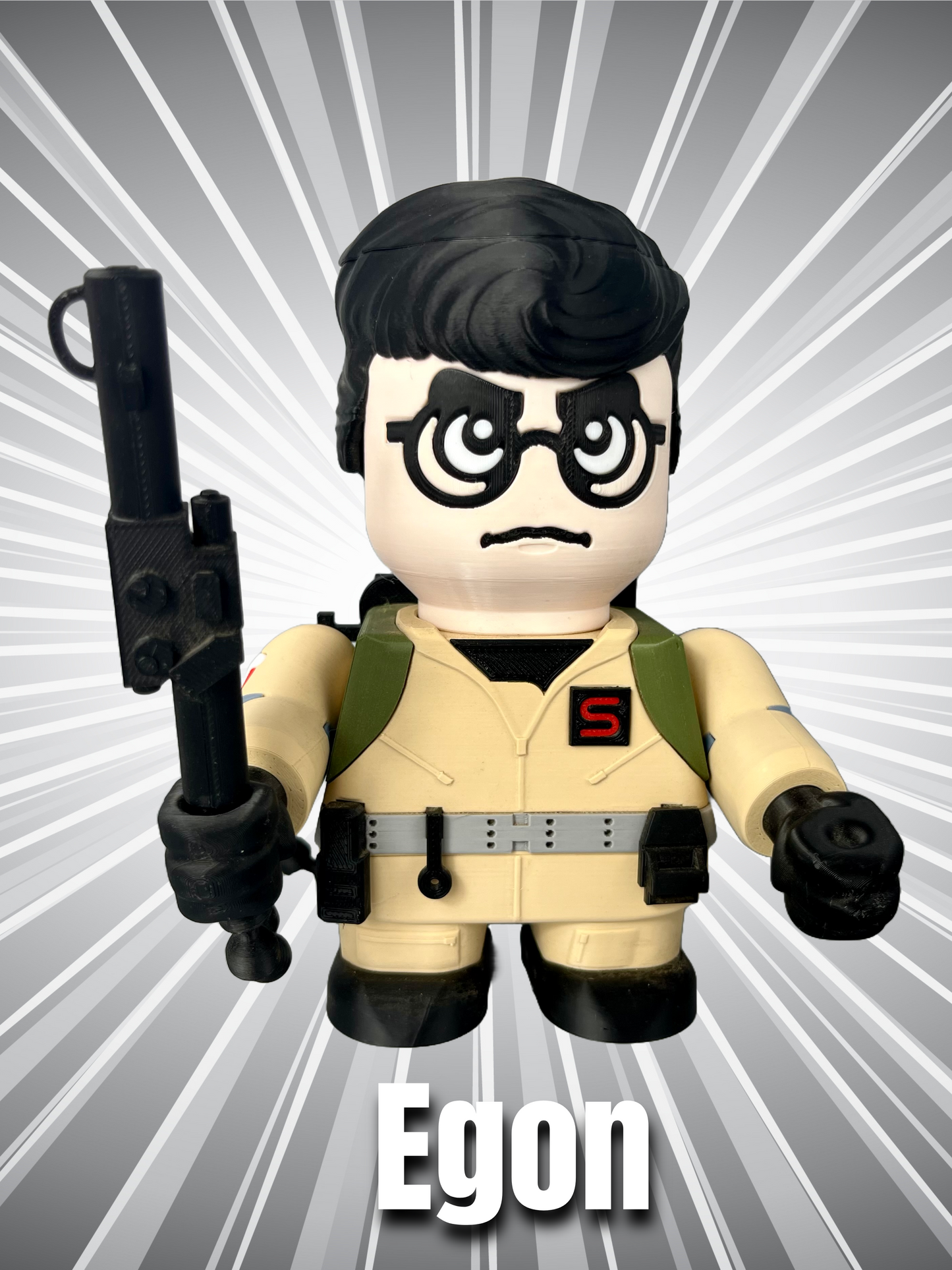 3D printed character in overalls, black hair, glasses and holding a weapon attached to a backpack