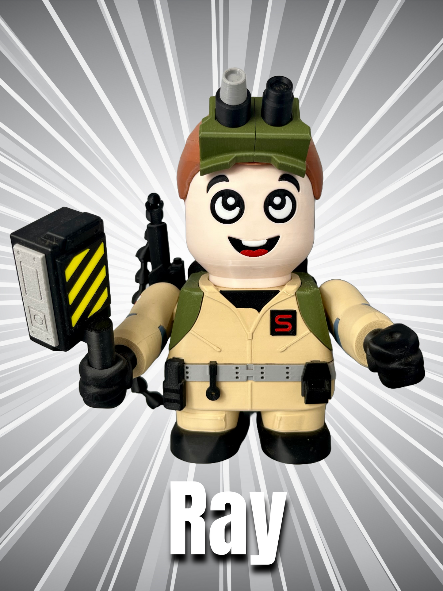3D printed character in overalls, light brown hair, goggles on top of his head and holding a weapon attached to a backpack