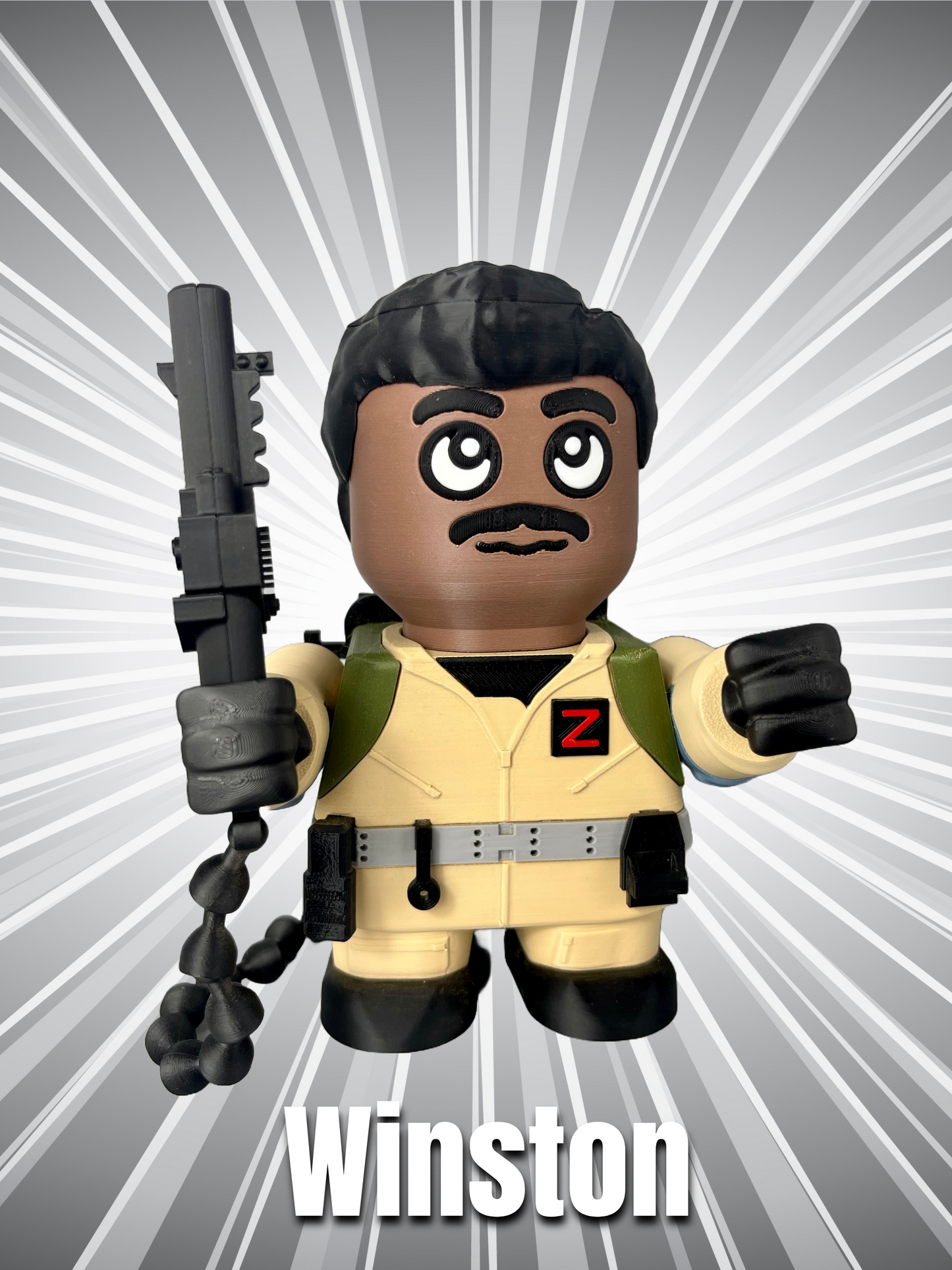 3D printed character in overalls, black hair, moustache and holding a weapon attached to a backpack