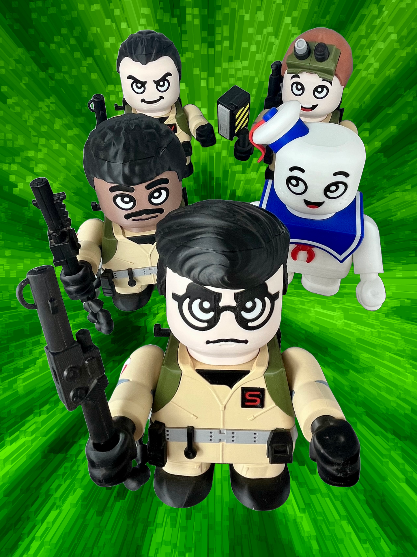 Group shot of 3D printed characters in overalls, holding a weapon each attached to a backpack and a large white marshmallow character in a sailor suit. Set against a green background