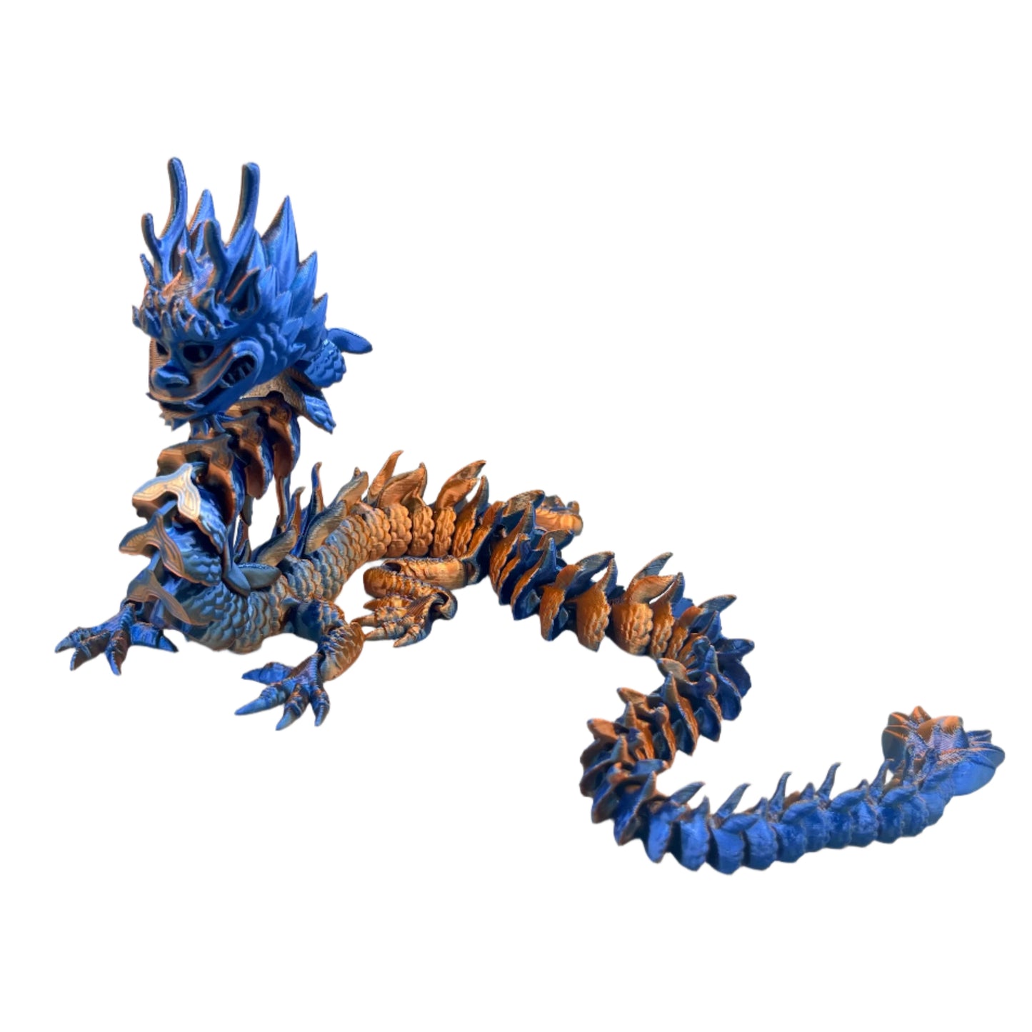 A 3D-printed figurine of a colourful Imperial Dragon with a detailed design, featuring a mix of blue and orange hues. Set against a white background.