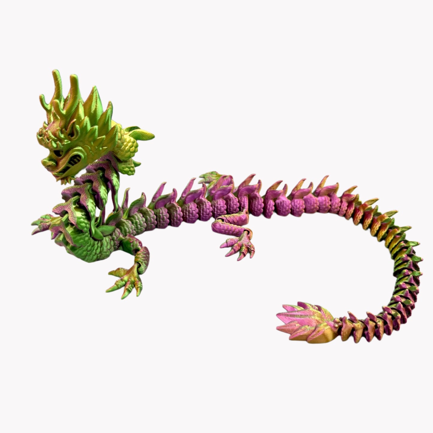 A 3D-printed figurine of a colourful Imperial Dragon with a detailed design, featuring a mix of gold, green and purple hues. Set against a white background.