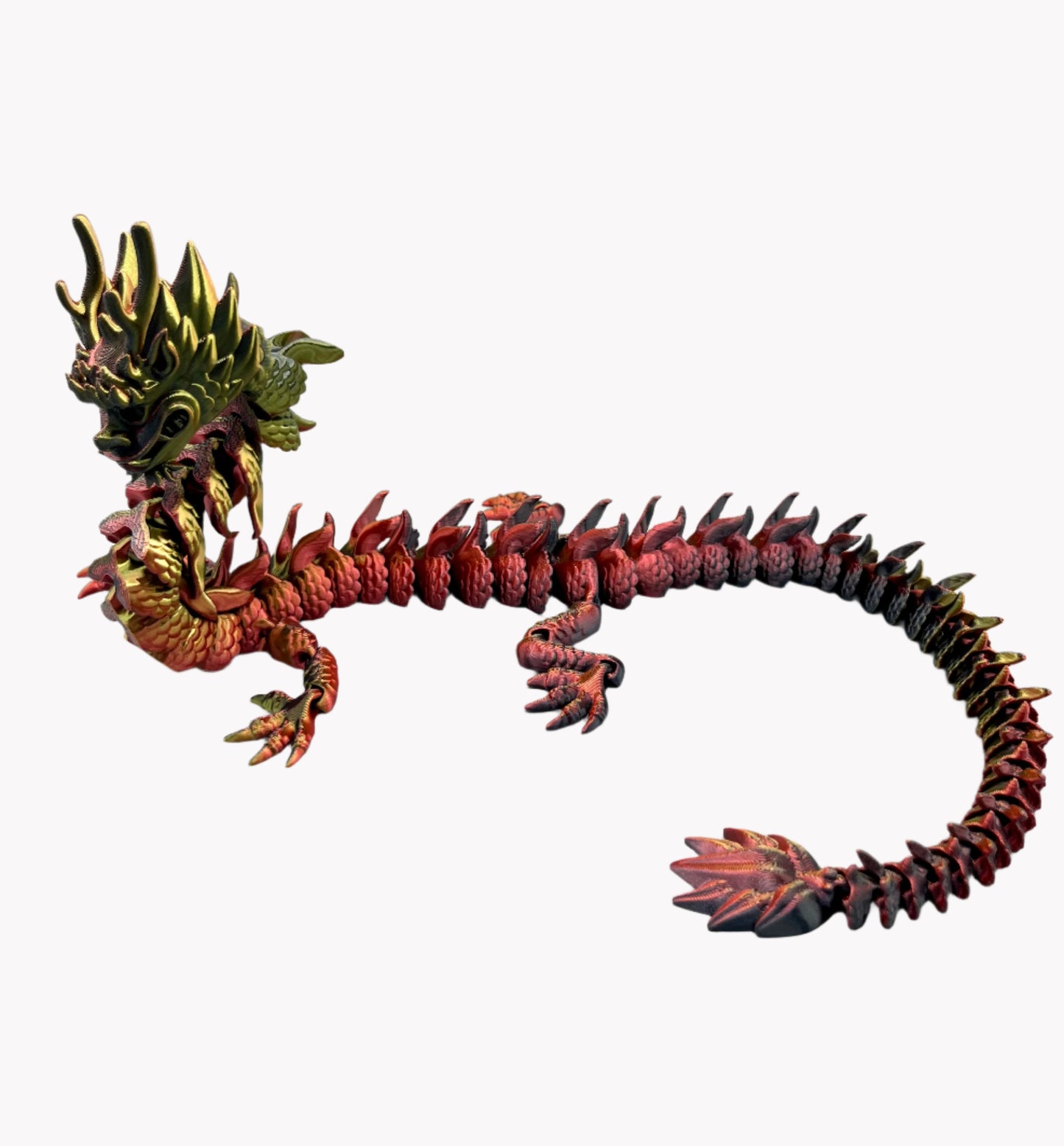 A 3D-printed figurine of a colourful Imperial Dragon with a detailed design, featuring a mix of gold, black and red hues. Set against a white background.