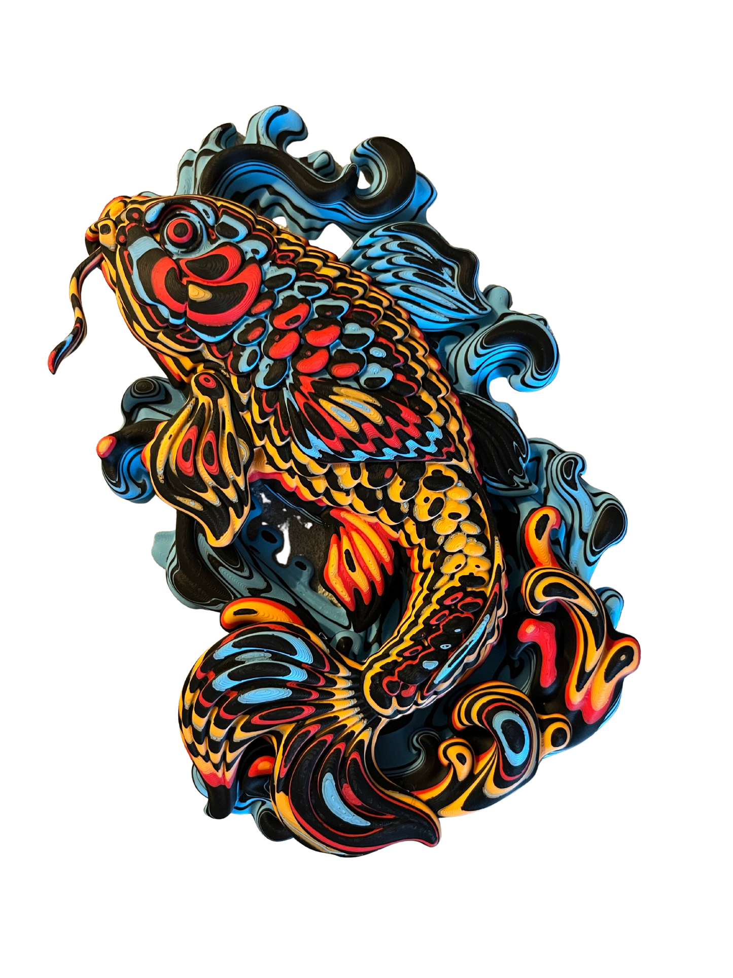 3D printed koi fish wall art in vibrant colours with textured detailing and easy‑hang hole, ideal for aquatic home décor, fish‑themed wall art and unique room decoration