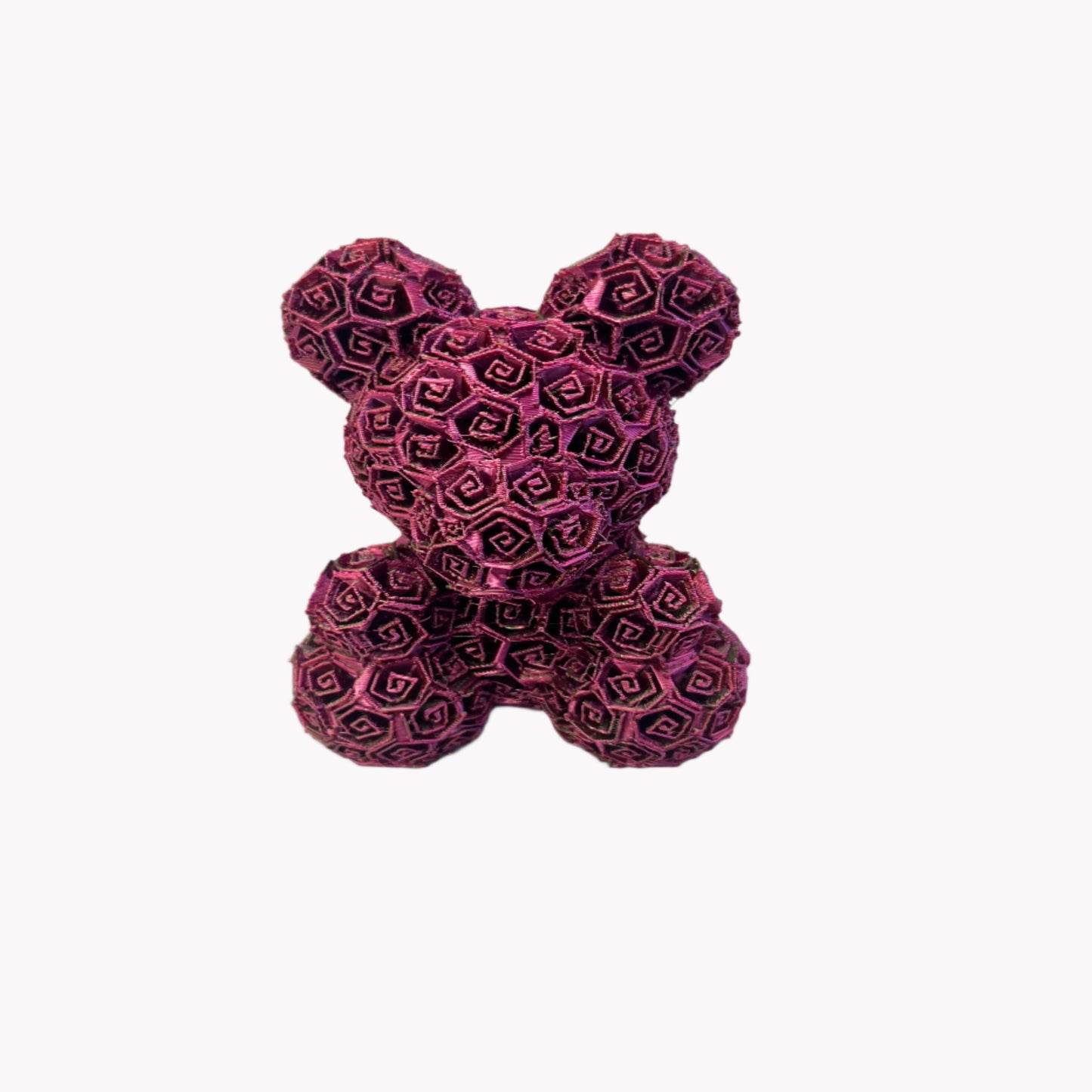 A 3D printed bear covered entirely in small textured roses