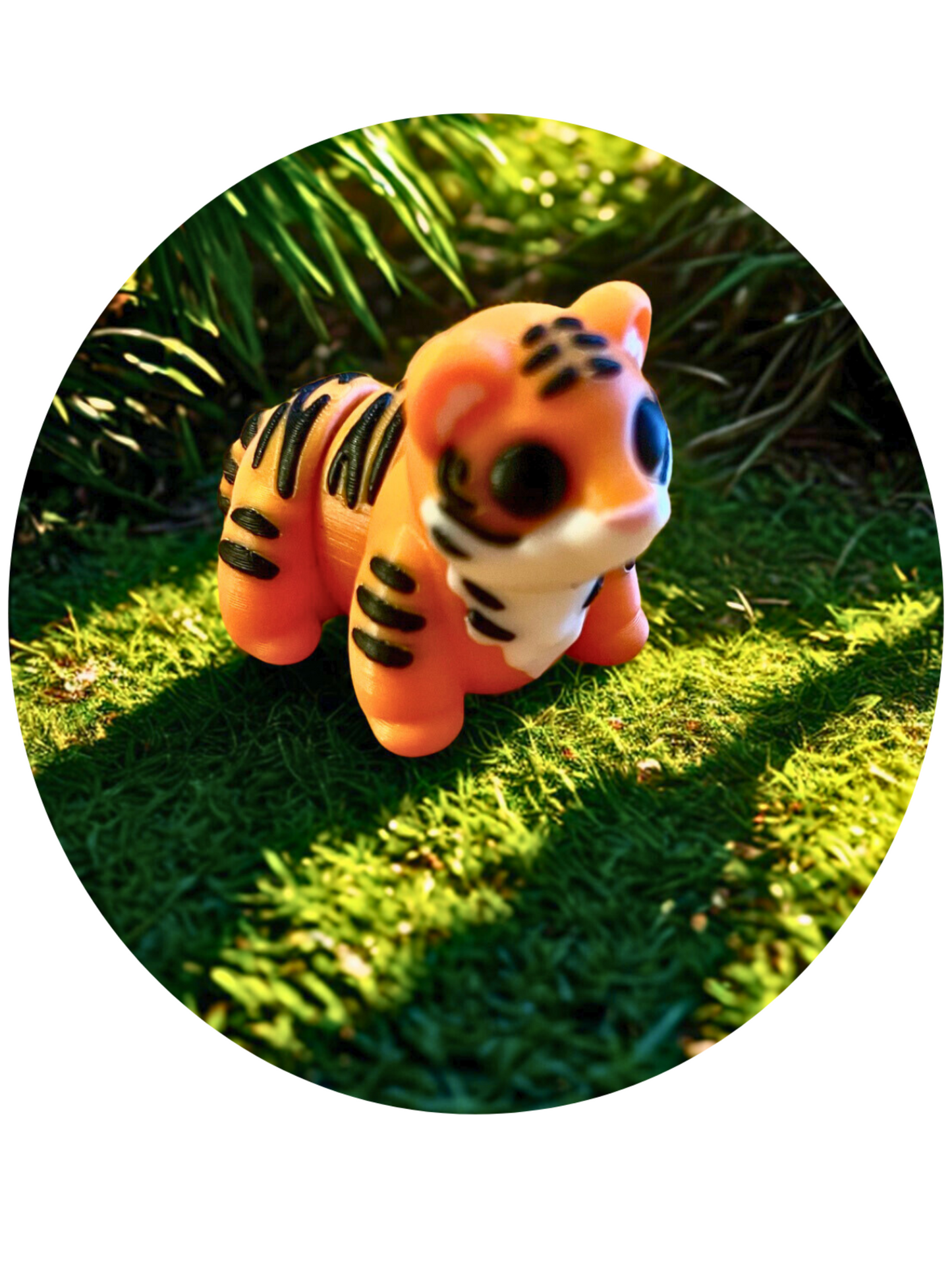 Small 3Dāprinted tiger figurine with orange and black stripes, sitting on a grassy surface.