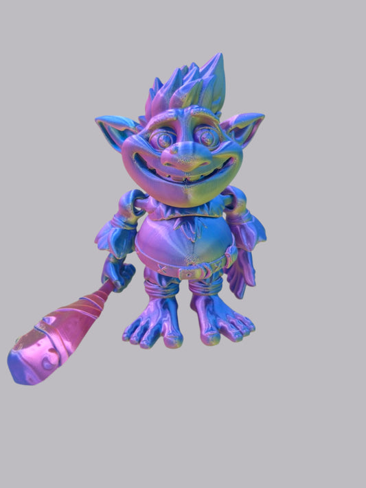 A colourful and shiny 3D-printed troll with a toothy grin, big hair and holding a detachable club.