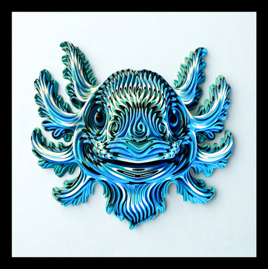 Decorative 3D printed axolotl head with lots of texture and colour - designed to hang on a wall!