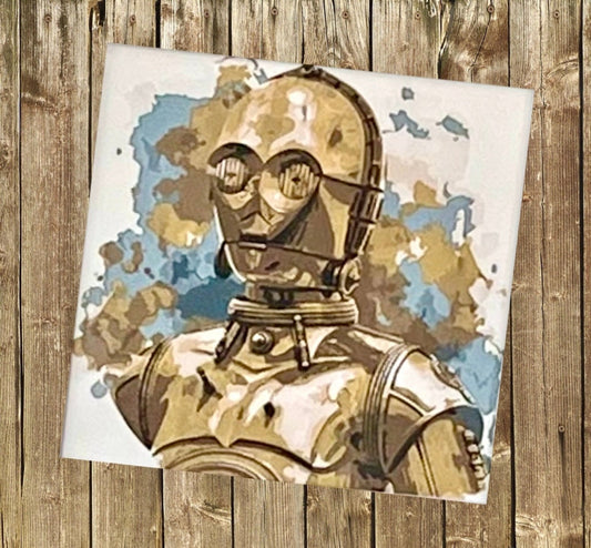 A 3D artwork picture of a gold robot character with a camouflage pattern behind set on a white background. Laying on a wooden surface.