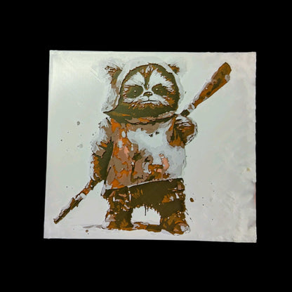 A 3D printed textured picture of an Ewok set against a black background