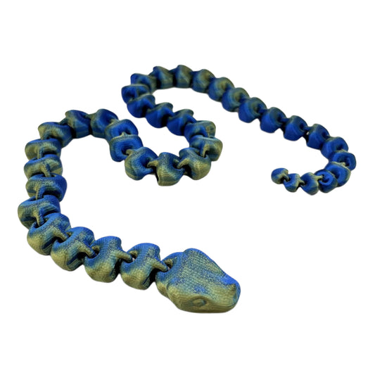 An articulated 3D-printed snake, in a shimmery finish and featuring realistic facial features.