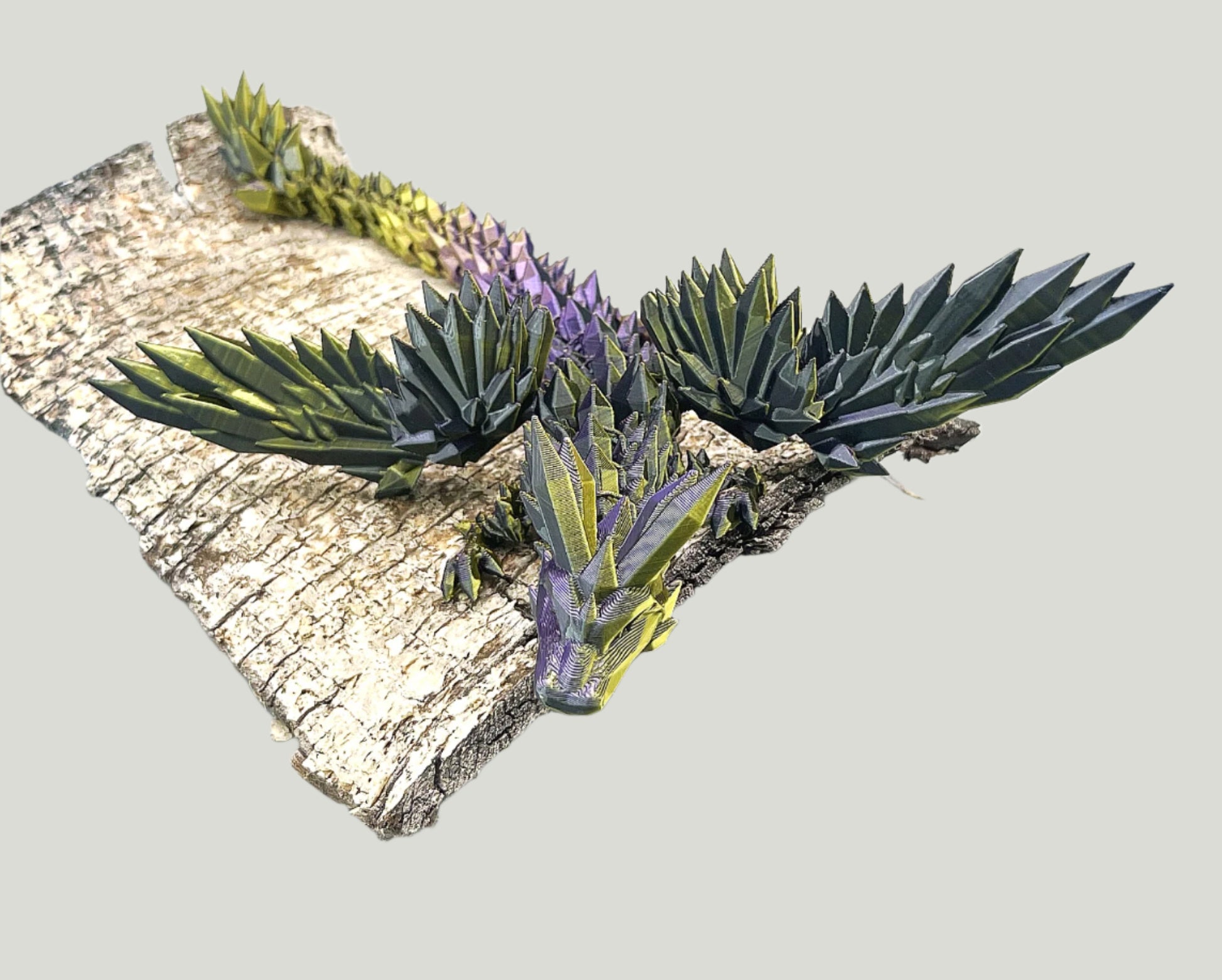 Impressive 3D printed winged dragon, perched on wood, wings outstretched and covered in beautiful spikey crystals from head to tail