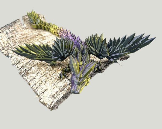 Impressive 3D printed winged dragon, perched on wood, wings outstretched and covered in beautiful spikey crystals from head to tail