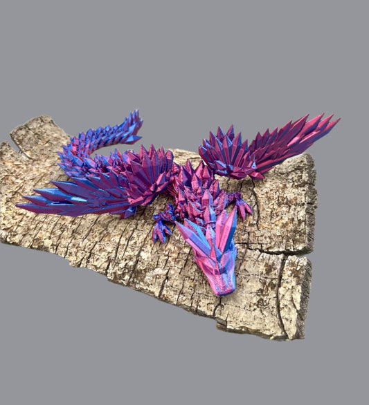 Impressive 3D printed winged dragon, perched on wood, wings outstretched and covered in beautiful spikey crystals all over, from head to tail