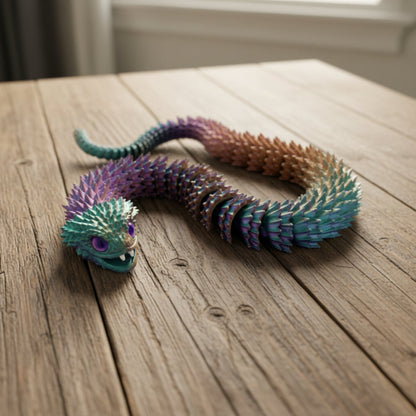 A multicoloured 3D printed spiky articulated bush viper snake with fangs exposed and big eyes.  Laying on a wooden table. 