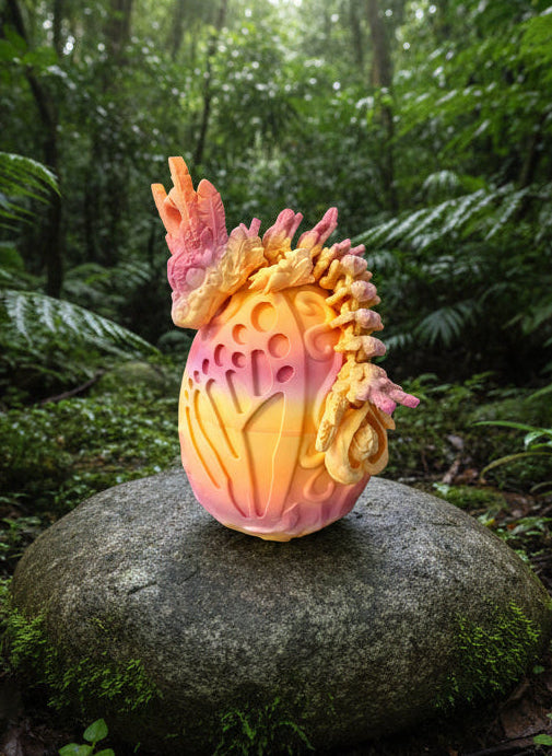 Intricate 3D Printed Dragon with Heart Detailing from Head to Tail Laying Across the Top of a Matching Dragon Egg