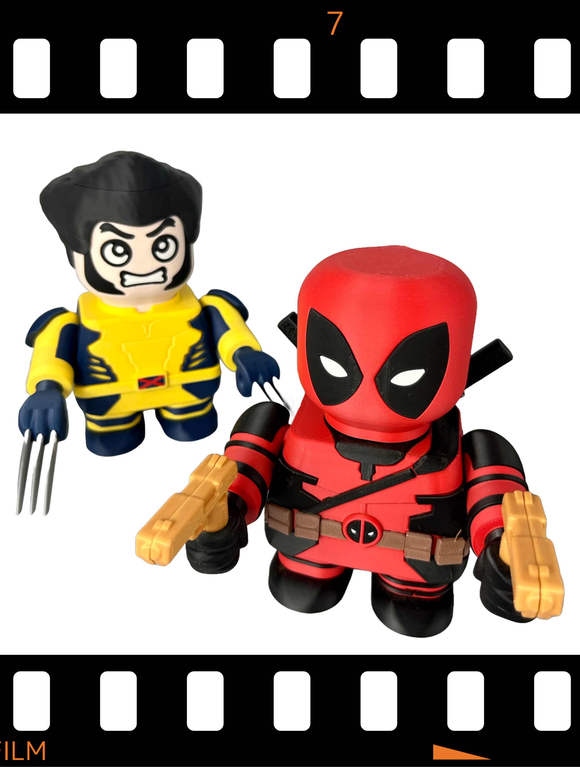 Two 3D printed superhero figurines, one in yellow and black, the other in red and black, on a white background.