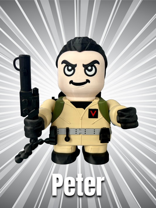 3D printed character in overalls, black hair and holding a weapon attached to a backpack