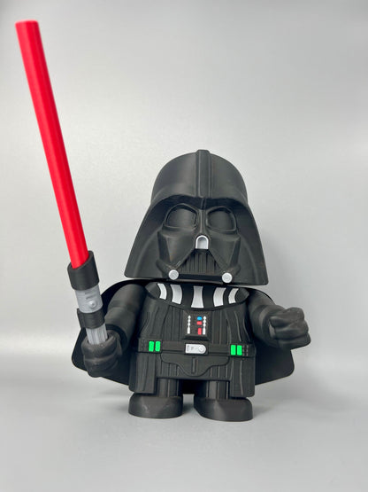 3D printed figure of a character in a black costume, black mask holding a red lightsaber. Standing against a grey background