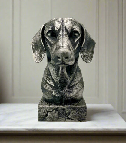 A 3D printed Dachshund bust, pictured sat on a marble shelf with plants behind it. 