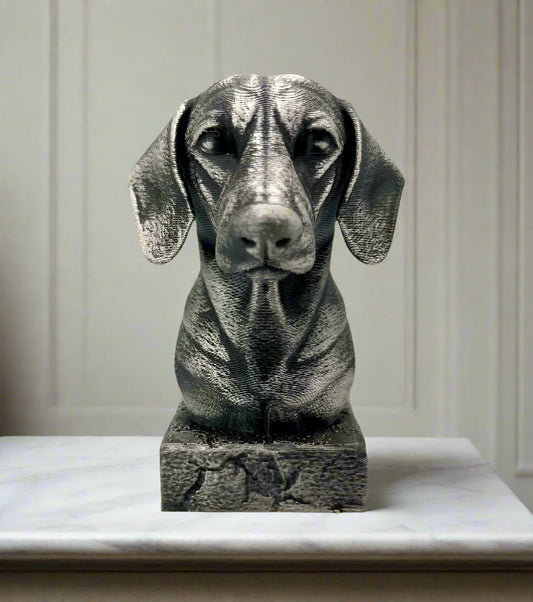 A 3D printed Dachshund bust, pictured sat on a marble shelf with plants behind it. 