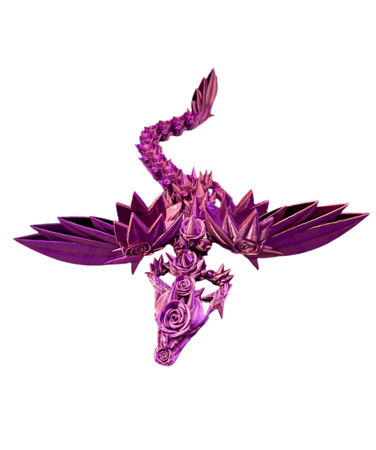 Purple winged dragon with roses and thorns trailing from head on a white background