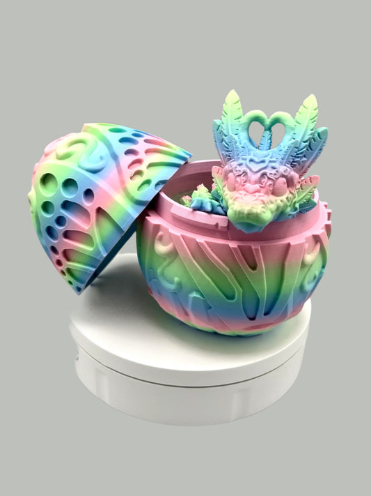 Opened 3D printed rainbow dragon egg with matching dragon popping out, displaying textured heart and feather features all over it's head