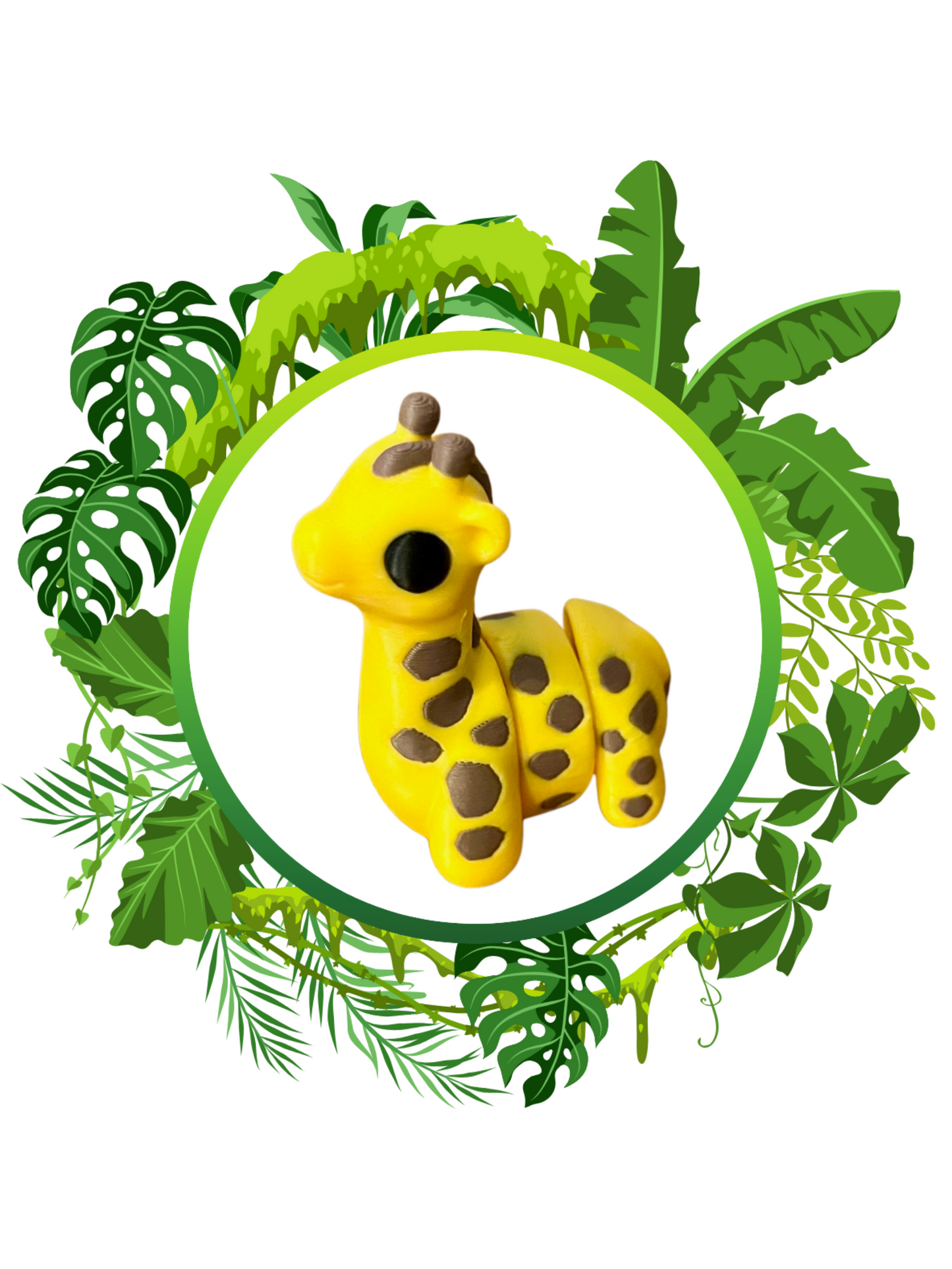 Small 3D‑printed giraffe figurine with yellow and brown spots, sitting upright among green leaves on a white background