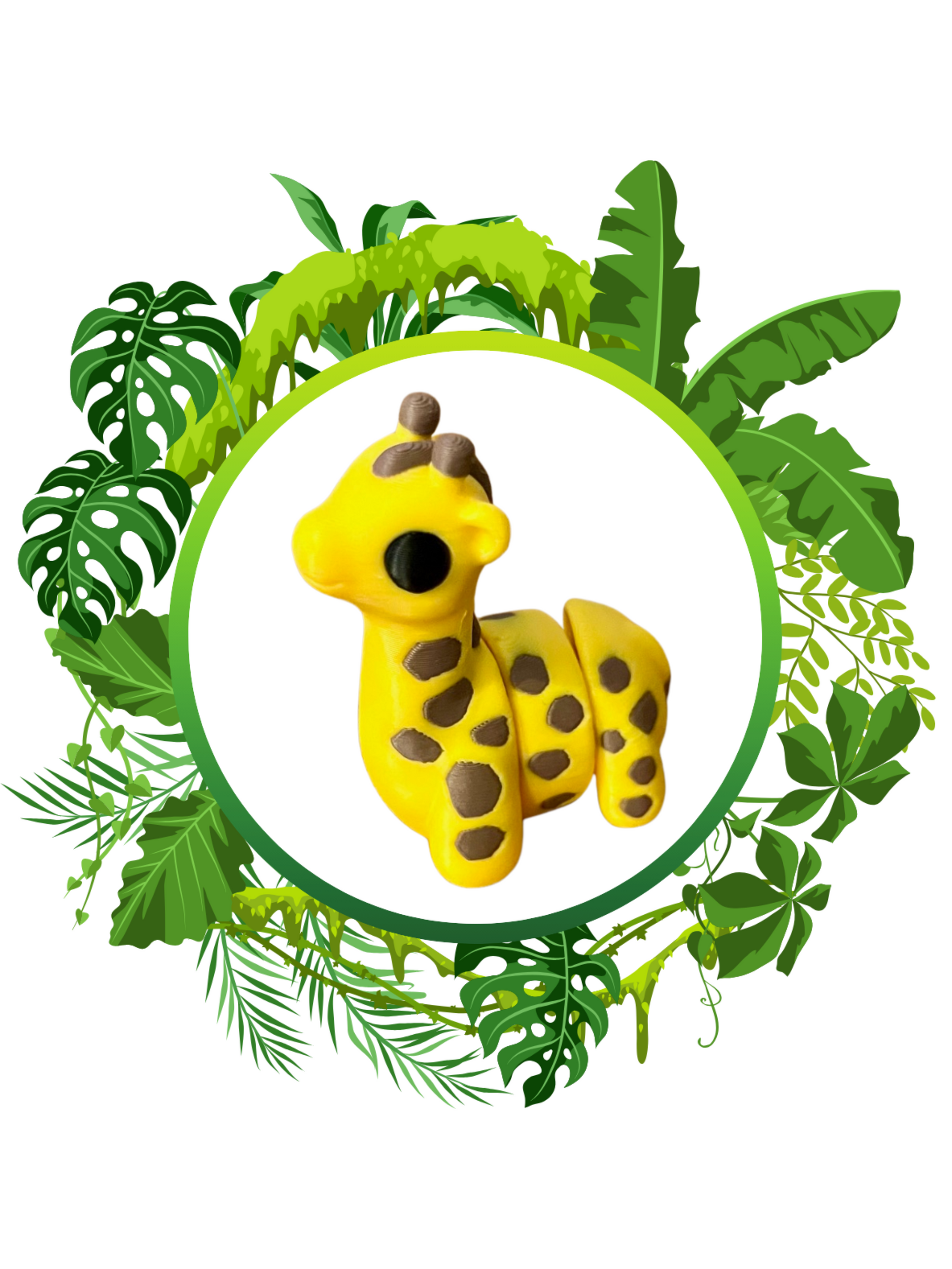 Small 3D‑printed giraffe figurine with yellow and brown spots, sitting upright among green leaves on a white background