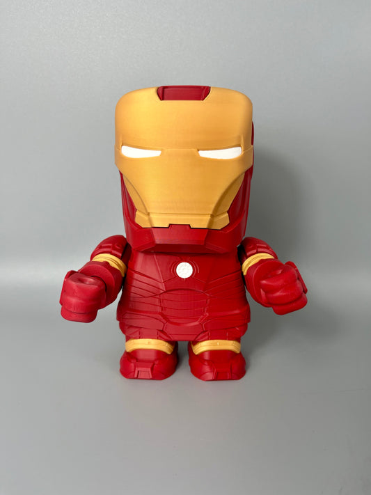 3D printed superhero with mask and suit, set on a grey background