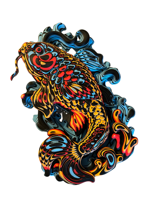 3D printed koi fish wall art in vibrant colours with textured detailing and easy‑hang hole, ideal for aquatic home décor, fish‑themed wall art and unique room decoration