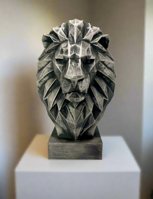 A 3D printed lion bust, displayed on a white square plinth. 