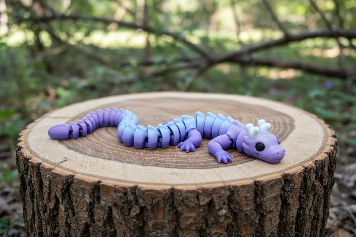 Colourful 3D printed articulated dragon with horns, arranged on a wooden log in a wood setting. The dragon has a flexible, segmented body and moveable little legs.