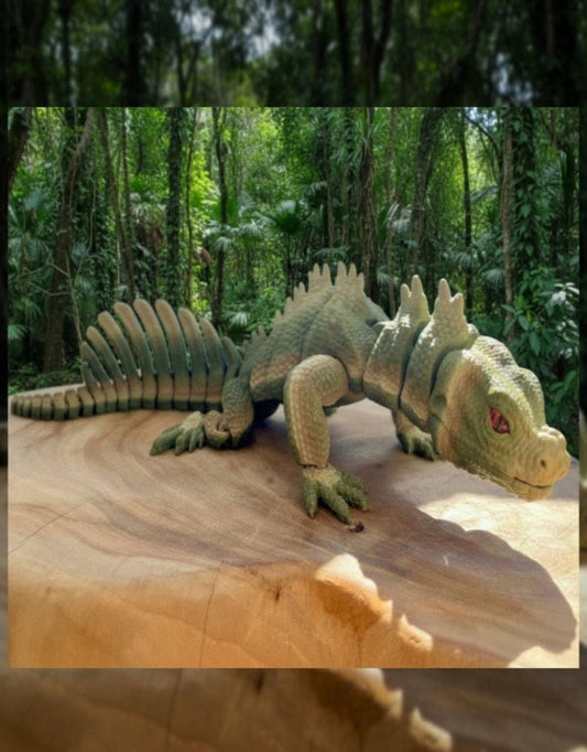 A 3D printed Sailfin Dragon, with spkey spine detail and realistic scale texture all over. Laying on a log with deep green forest background