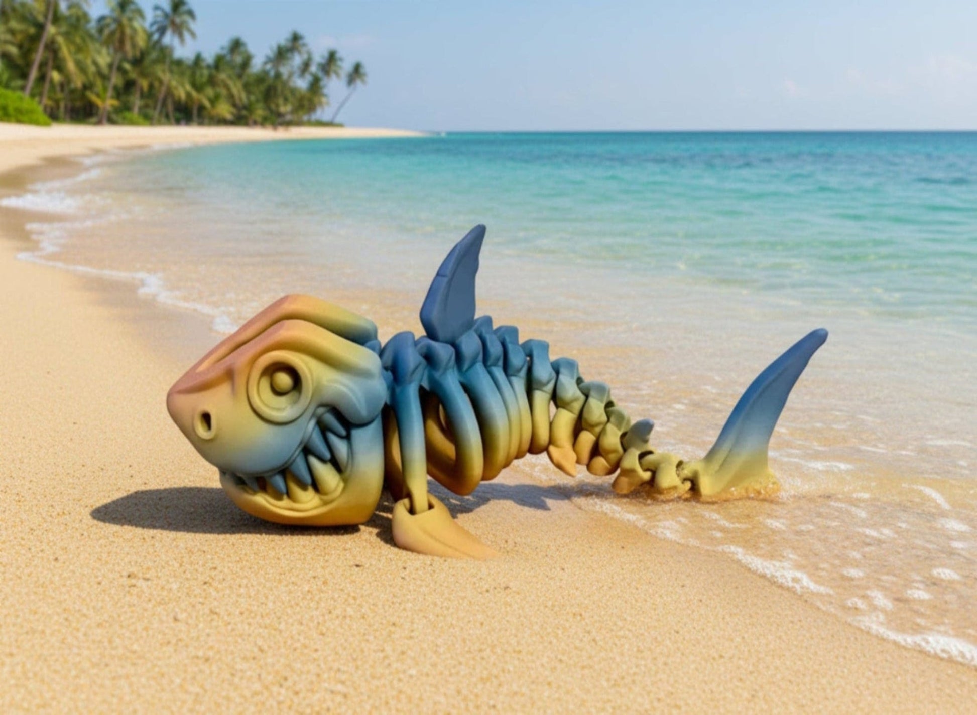3D printed skeleton shark model featuring large cartoon-style eyes and exaggerated fins, displayed on a sandy beach with turquoise water and palm trees in the background