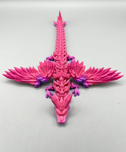 Impressive 3D printed winged dragon, wings outstretched and covered in beautiful spikey crystals all over, from head to tail