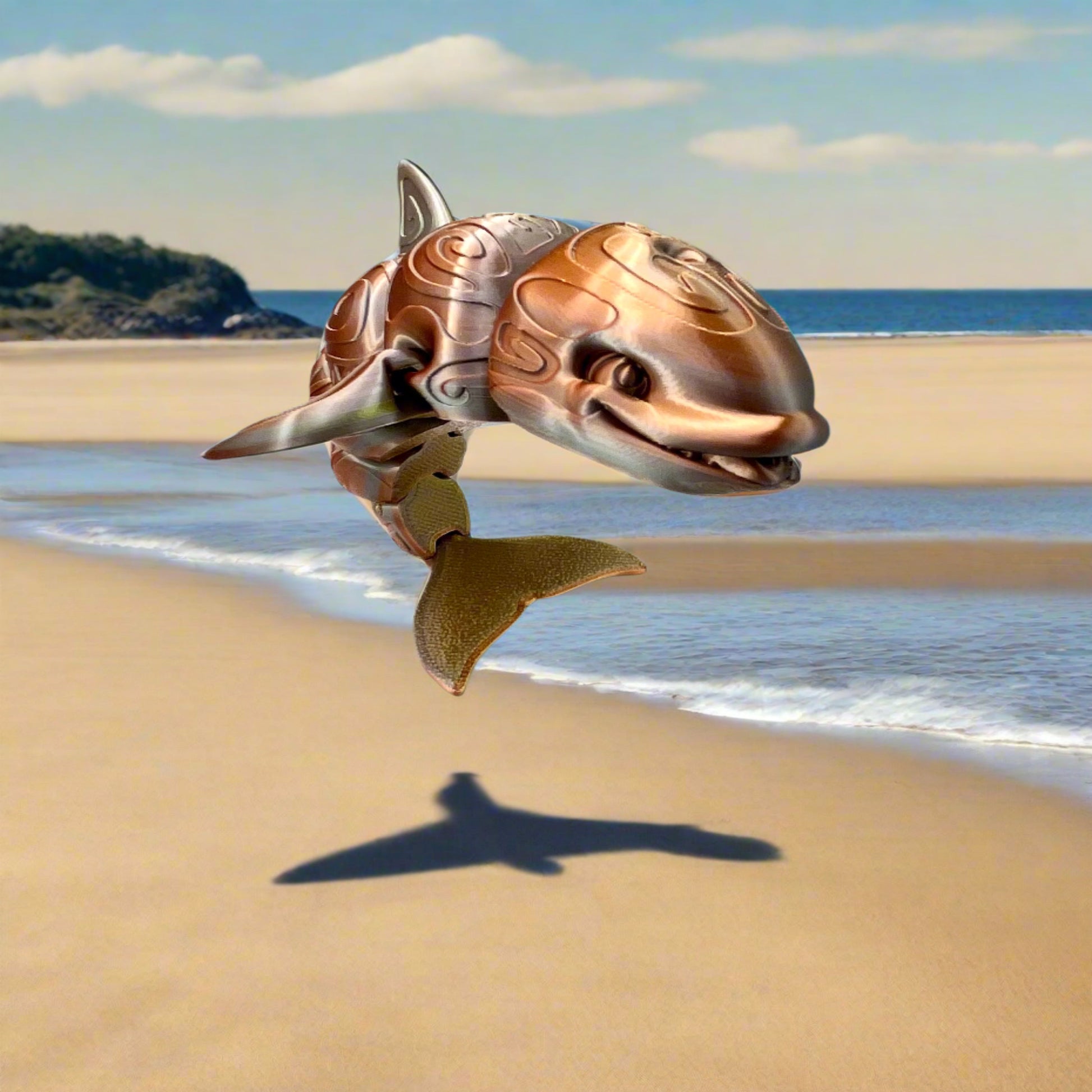 A 3D-printed orca with a tattooed all-over print, detailed facial features, including a smile, exposed teeth and tongue. Positioned standing up on a sandy beach with the sea behind.