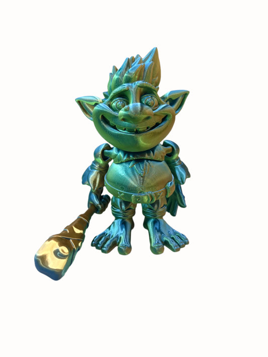 A colourful and shiny 3D-printed troll with a toothy grin, big hair and holding a detachable club. 