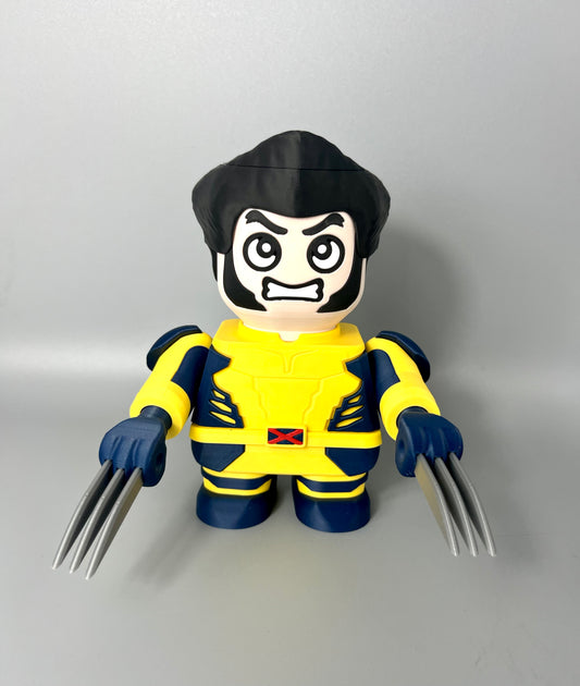 3D printed superhero with yellow suit, black hair and knife hands. Standing against a light grey background